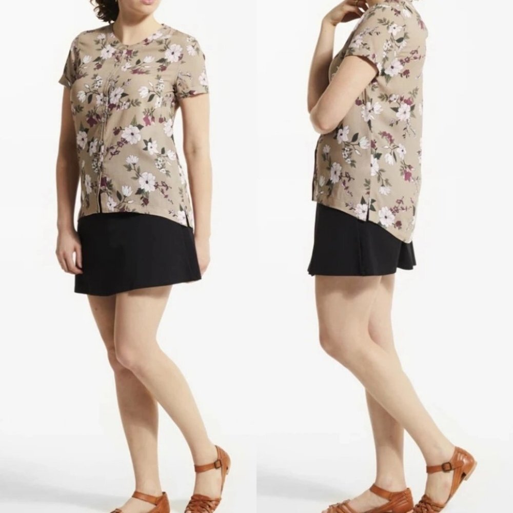 FIG Vog Blouse‎ Floral Lyocell Tan Small Button Up Size Small Short Sleeve Top